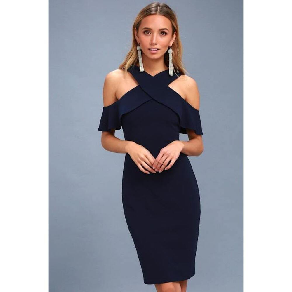 Lulus Cityscape Navy Blue Off-the-shoulder Bodycon Dress - Size M